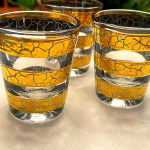 3 Culver mid-century shot glasses. MGM 24k crackle gold / green underlaying